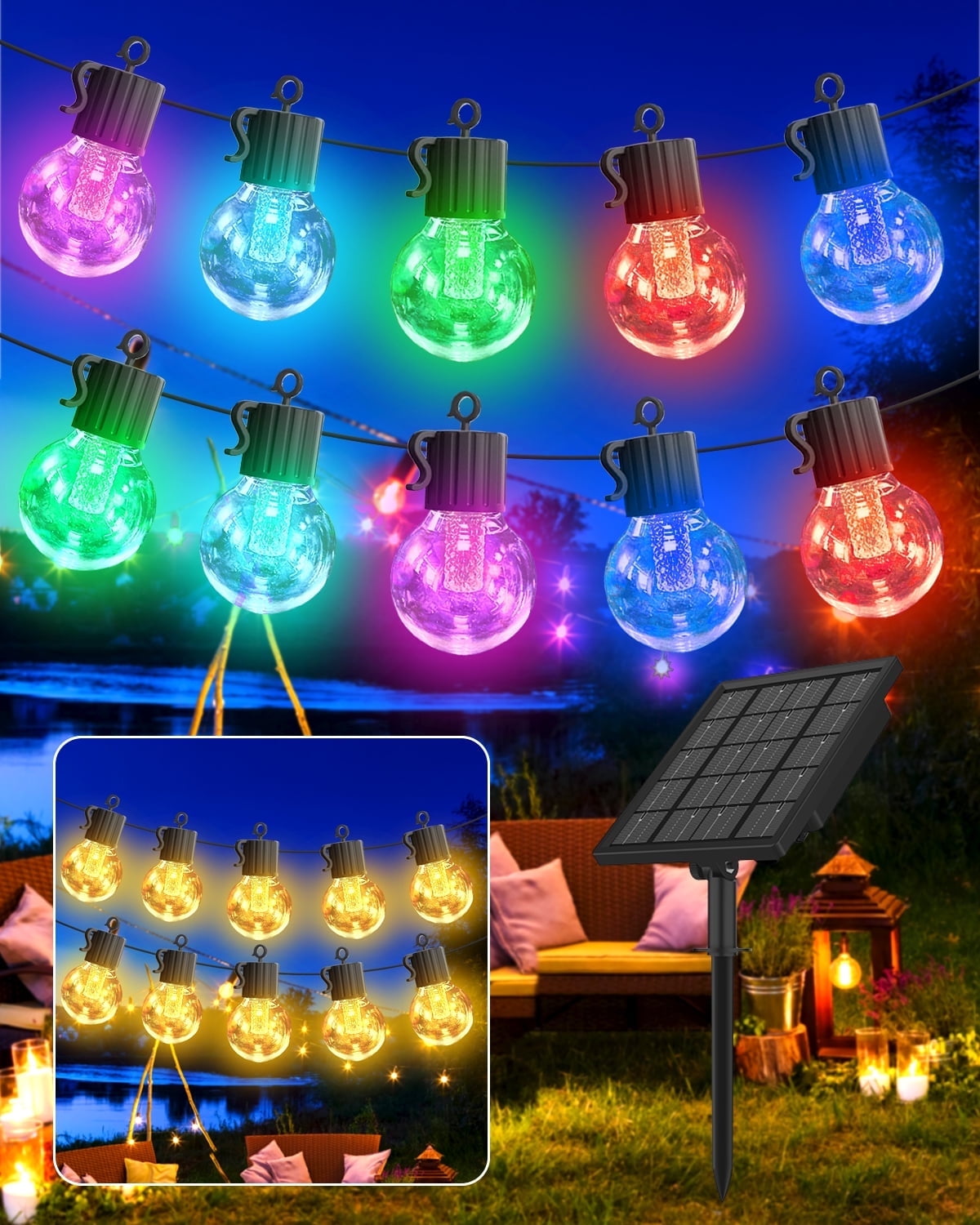 Outdoor Solar String Lights Warm and Colored 50FT 25 LED Lights Waterproof with 8 Lighting Modes USB Charging for Outside Patio Deck Backyard Decor